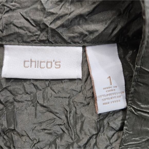 Chico's Olive Green Jacket Crinkle Textured Womens Medium Ruffled Career Mature - Picture 8 of 13